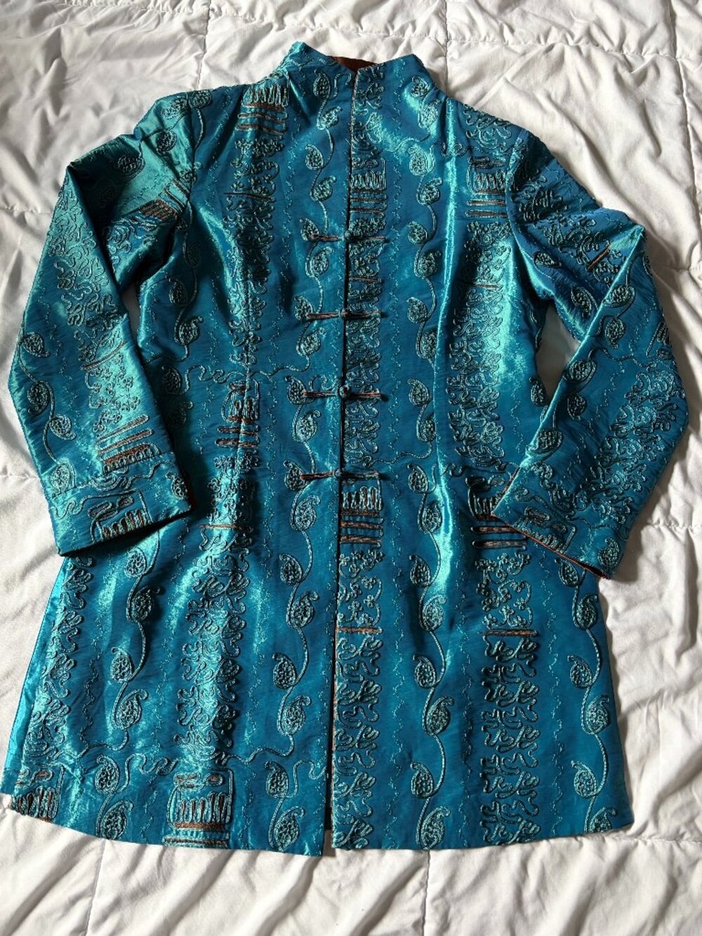 Miniye embroidered Tang turquoise mandarin collar brocade coat jacket size L